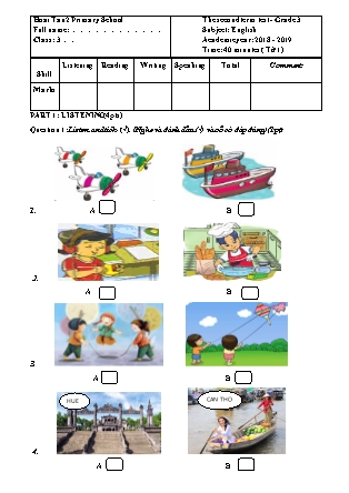 Đề kiểm tra học kỳ II môn Tiếng Anh Lớp 3 - Năm học 2018-2019 - Trường tiểu học số 2 Hoài Tân (Có đáp án)