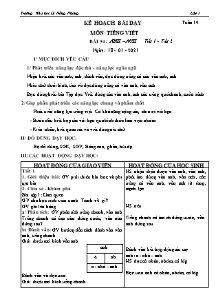 Giáo án Tiếng việt Lớp 1 (Cánh diều) - Tuần 19 - Năm học 2020-2021 - Nguyễn Thị Tâm