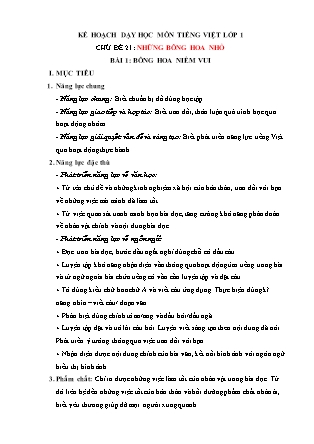 Kế hoạch bài dạy môn Tiếng Việt Lớp 1 (Chân trời sáng tạo) - Chủ đề 21: Những bông hoa nhỏ - Bài 1: Bông hoa niềm vui