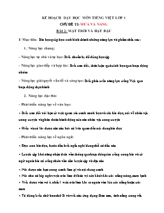 Kế hoạch bài dạy môn Tiếng Việt Lớp 1 (Chân trời sáng tạo) - Chủ đề 22: Mưa và nắng - Bài 2: Mặt trời và hạt đậu