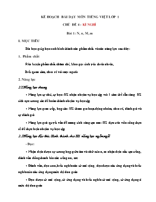 Kế hoạch bài dạy môn Tiếng Việt Lớp 1 (Chân trời sáng tạo) - Chủ đề 4: Kì nghỉ - Bài 1: N, n, M, m