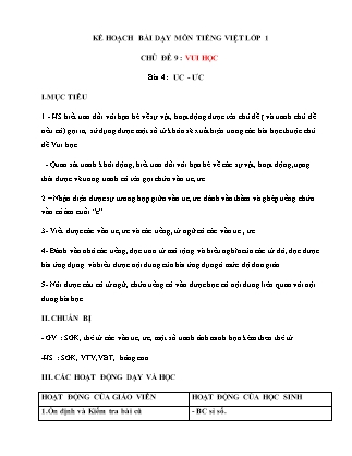 Kế hoạch bài dạy môn Tiếng Việt Lớp 1 (Chân trời sáng tạo) - Chủ đề 9: Vui học - Bài 4: uc, ưc