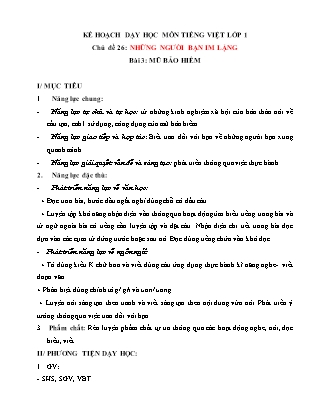 Kế hoạch bài dạy môn Tiếng Việt Lớp 1 (Chân trời sáng tạo) - Chủ đề 26: Những người bạn im lặng - Bài 3: Mũ bảo hiểm