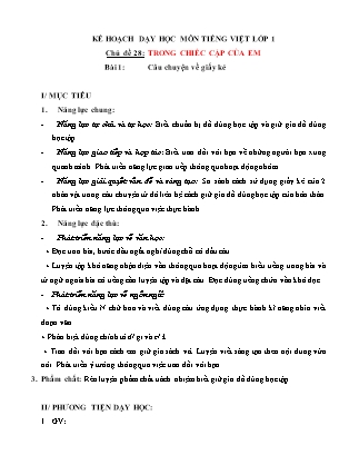 7 Kế hoạch bài dạy môn Tiếng Việt Lớp 1 (Chân trời sáng tạo) – Chủ đề 28: Trong chiếc cặp của em – Bài 1: Câu chuyện về giấy kẻ mới nhất