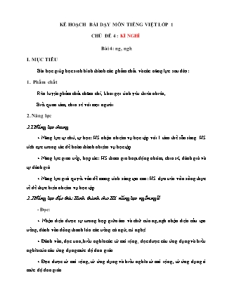Kế hoạch bài dạy môn Tiếng Việt Lớp 1 (Chân trời sáng tạo) - Chủ đề 4: Kì nghỉ - Bài 4: Ng, ngh