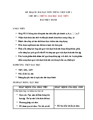 Kế hoạch bài dạy môn Tiếng Việt Lớp 1 (Chân trời sáng tạo) - Chủ đề 1: Những bài học đầu tiên - Bài thực hành