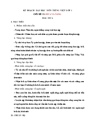 Kế hoạch bài dạy môn Tiếng Việt Lớp 1 (Chân trời sáng tạo) - Chủ đề 22: Mưa và nắng - Bài 1: Mưa