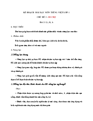 Kế hoạch bài dạy môn Tiếng Việt Lớp 1 (Chân trời sáng tạo) - Chủ đề 3: Đi chợ - Bài 2: I, i, K, k