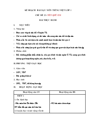 Kế hoạch bài dạy môn Tiếng Việt Lớp 1 (Chân trời sáng tạo) - Chủ đề 23: Tết quê em - Bài thực hành