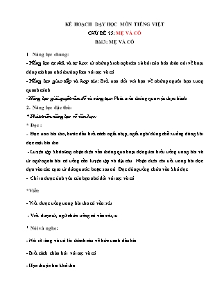 Kế hoạch bài dạy môn Tiếng Việt Lớp 1 (Chân trời sáng tạo) - Chủ đề 25: Mẹ và cô - Bài 3: Mẹ và cô
