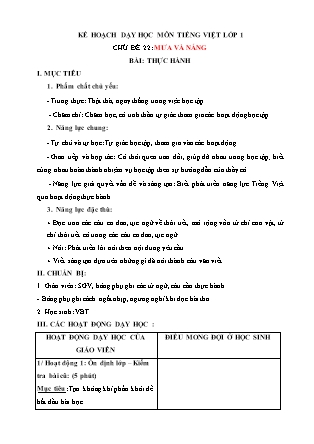 Kế hoạch bài dạy môn Tiếng Việt Lớp 1 (Chân trời sáng tạo) - Chủ đề 22: Mưa và nắng - Bài: Thực hành