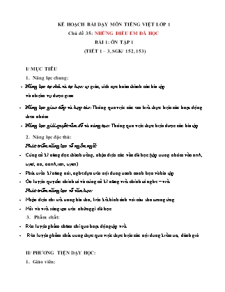 Kế hoạch bài dạy môn Tiếng Việt Lớp 1 (Chân trời sáng tạo) - Chủ đề 35: Những điều em đã học - Bài 1: Ôn tập 1