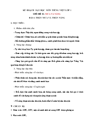 Kế hoạch bài dạy môn Tiếng Việt Lớp 1 (Chân trời sáng tạo) - Chủ đề 22: Mưa và nắng - Bài 4: Thần mưa và thần nắng