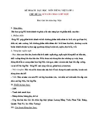 Kế hoạch bài dạy môn Tiếng Việt Lớp 1 (Chân trời sáng tạo) - Chủ đề 34: Gửi lời chào lớp một - Bài: Gửi lời chào lớp Một