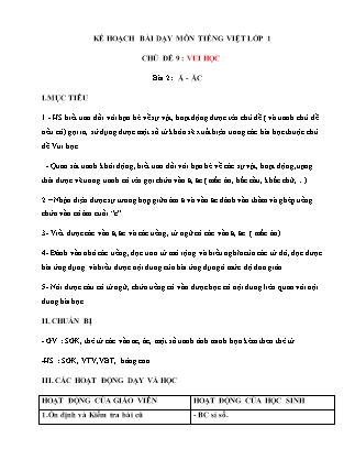 Kế hoạch bài dạy môn Tiếng Việt Lớp 1 (Chân trời sáng tạo) - Chủ đề 9: Vui học - Bài 2: ă, ăc