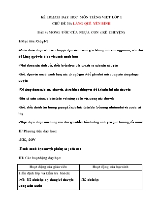 Kế hoạch bài dạy môn Tiếng Việt Lớp 1 (Chân trời sáng tạo) - Chủ đề 30: Làng quê yên bình - Bài 4: Mong ước của ngựa con (kể chuyện)