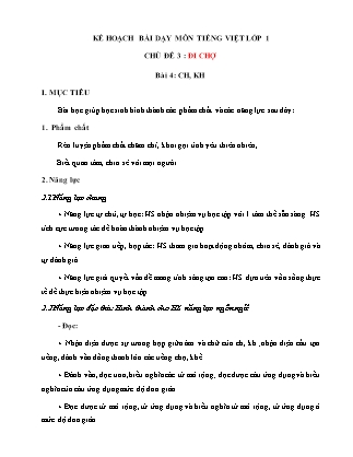 Kế hoạch bài dạy môn Tiếng Việt Lớp 1 (Chân trời sáng tạo) - Chủ đề 3: Đi chợ - Bài 4: Ch, kh