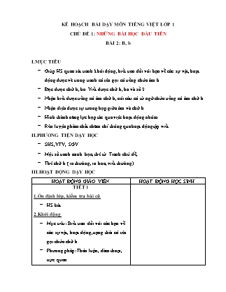 Kế hoạch bài dạy môn Tiếng Việt Lớp 1 (Chân trời sáng tạo) - Chủ đề 1: Những bài học đầu tiên - Bài 2: B, b