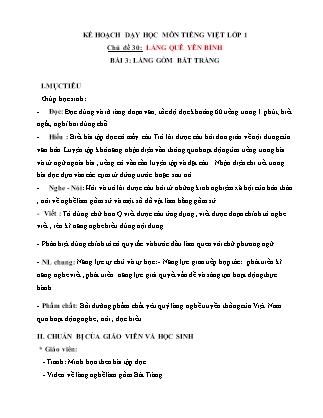 Kế hoạch bài dạy môn Tiếng Việt Lớp 1 (Chân trời sáng tạo) - Chủ đề 30: Làng quê yên bình - Bài 3: Làng gốm Bát Tràng