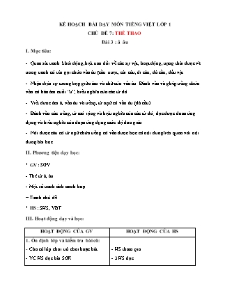 Kế hoạch bài dạy môn Tiếng Việt Lớp 1 (Chân trời sáng tạo) - Chủ đề 7: Thể thao - Bài 3: â, âu