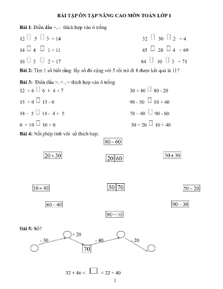 Bài tập ôn tập nâng cao môn Toán Lớp 1