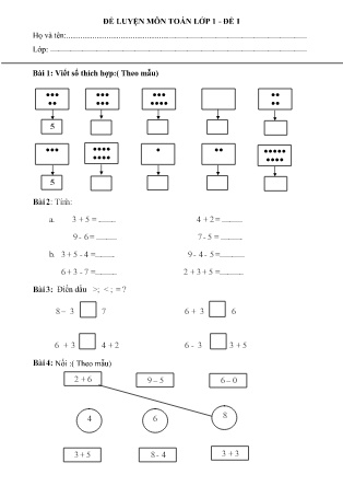 Đề ôn luyện cuối kì 1 môn toán Lớp 1 - Đề 1