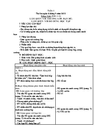 Kế hoạch bài dạy Lớp 1 - Tuần 1 (Thứ 3+4) - Năm học 2022-2023 - Trần Thị Hảo