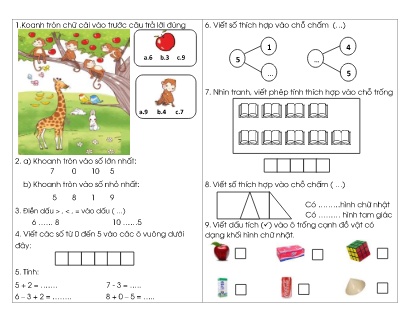 Bài tập ôn tập học kì I môn Toán học Lớp 1