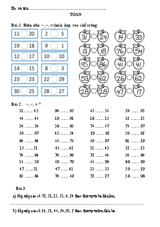 Bài tập ôn tập Toán học Lớp 1 - Tuần 21