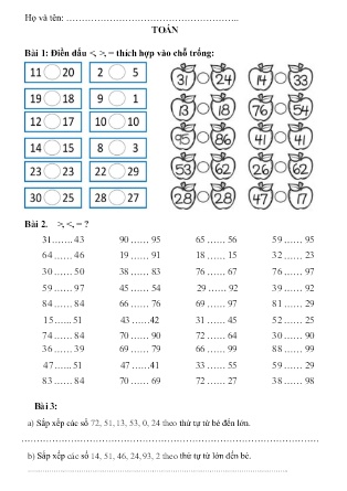 Bài tập ôn tập Toán học Lớp 1 - Tuần 22