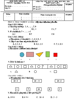 Đề kiểm tra cuối học kì II môn Toán 1 - Năm học 2023-2024 - Trường Tiểu học Trần Thành Ngọ (Có đáp án)