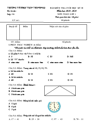 Đề kiểm tra cuối học kì II môn Toán học Lớp 1 - Năm học 2023-2024 - Trường Tiểu học Trần Thành Ngọ (Có đáp án)