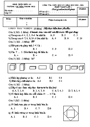 Đề kiểm tra cuối học kì II môn Toán Lớp 1 - Năm học 2023-2024 - Trường Tiểu học Trần Thành Ngọ (Có đáp án)