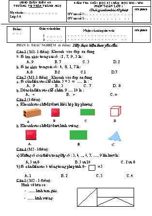 Đề kiểm tra cuối học kì II Toán 1 - Năm học 2023-2024 - Trường Tiểu học Trần Thành Ngọ (Có đáp án)