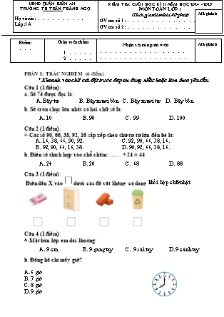 Đề kiểm tra cuối học kì II Toán Lớp 1 - Năm học 2024-2025 - Trường Tiểu học Trần Thành Ngọ (Có đáp án + Ma trận)
