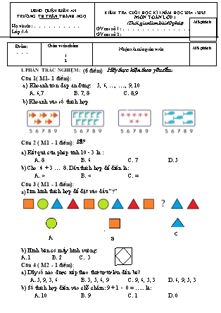 Đề kiểm tra học kì I môn Toán Lớp 1 - Năm học 2024-2025 - Trường Tiểu học Trần Thành Ngọ (Có đáp án)