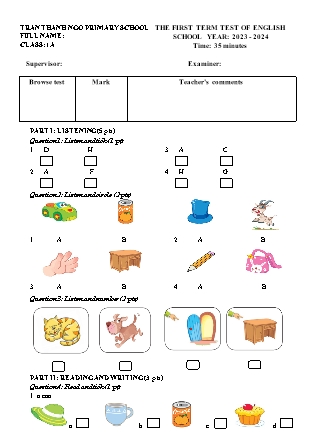 Đề kiểm tra học kì I Tiếng Anh 1 - Năm học 2023-2024 - Trường Tiểu học Trần Thành Ngọ