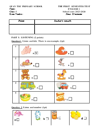 Đề kiểm tra học kì I Tiếng Anh 1 - Năm học 2023-2024 - Trường Tiểu học Quán Trữ (Có đáp án)