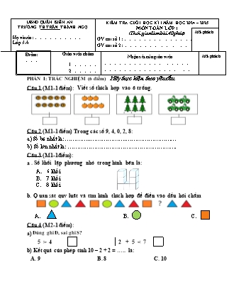Đề kiểm tra học kì I Toán học 1 - Năm học 2024-2025 - Trường Tiểu học Trần Thành Ngọ (Có đáp án)