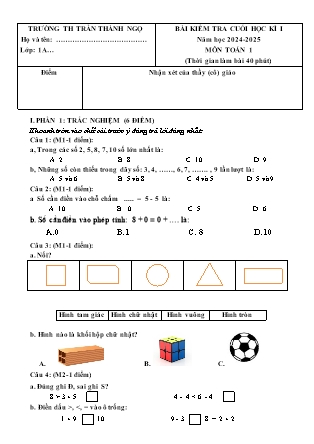 Đề kiểm tra học kì I Toán Lớp 1 - Năm học 2024-2025 - Trường Tiểu học Trần Thành Ngọ (Có đáp án)