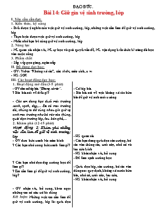 Giáo án Đạo đức Lớp 1 (Kết nối tri thức) - Bài 14: Giữ gìn vệ sinh trường, lớp