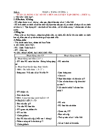 Giáo án Tăng cường Toán 1 (Kết nối tri thức) - Tuần 22, Bài 23+24: Bảng các số từ 1 đến 100. Luyện tập chung (Tiết 1+2)