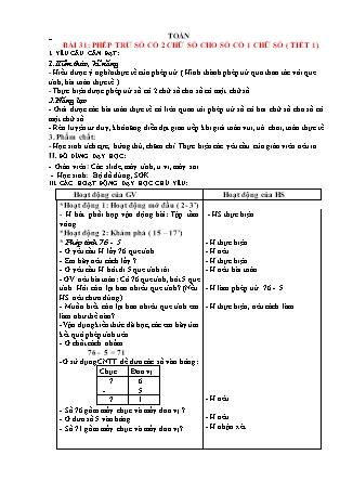 Giáo án Toán 1 (Kết nối tri thức) - Bài 31: Phép trừ số có 2 chữ số cho số có 1 chữ số (Tiết 1-3)