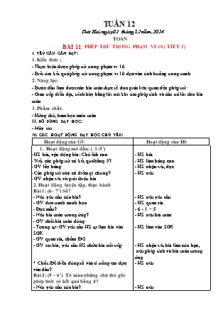 Giáo án Toán Lớp 1 (Kết nối tri thức) - Tuần 12, Bài 11: Phép trừ trong phạm vi 10 (Tiết 3-5) - Năm học 2024-2025