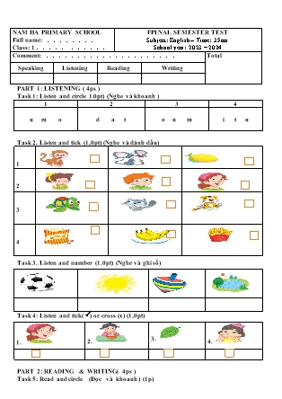 Ma trận Đề kiểm tra Tiếng Anh 1 - Đề 1 - Năm học 2023-2024 - Trường Tiểu học Nam Hà