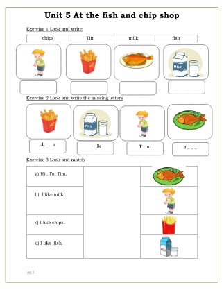 Bài tập môn Tiếng Anh Lớp 1 - Unit 5: At the fish and chip shop