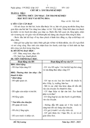Kế hoạch bài dạy môn Âm Nhạc Lớp 1 - Tuần 1, Tiết 1: Thường thức âm nhạc: Âm thanh kì diệu; Học hát: Bài vào rừng hoa (GV: Đỗ Thị Lương - Năm học 2022-2023)