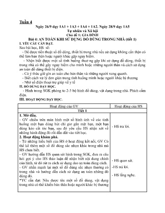 Kế hoạch bài dạy môn TNXH Lớp 1 - Tuần 4, Bài 4: An toàn khi sử dụng đồ dùng trong nhà
