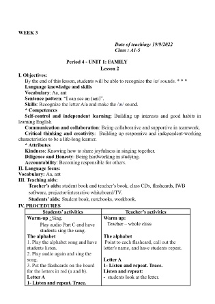 Kế hoạch bài dạy Tiếng Anh Lớp 1 - Tuần 3, Unit 1: Family - Period 4, Lesson 2 (GV: Nguyễn Thị Học - Năm học 2022-2023)