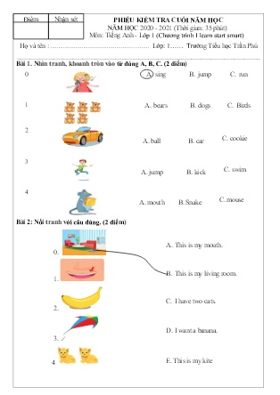 Phiếu kiểm tra Cuối năm môn Tiếng Anh Lớp 1 (Chương trình I learn Smart Start) - Trường TH Trần Phú - Năm học 2020-2021 (Có đáp án)